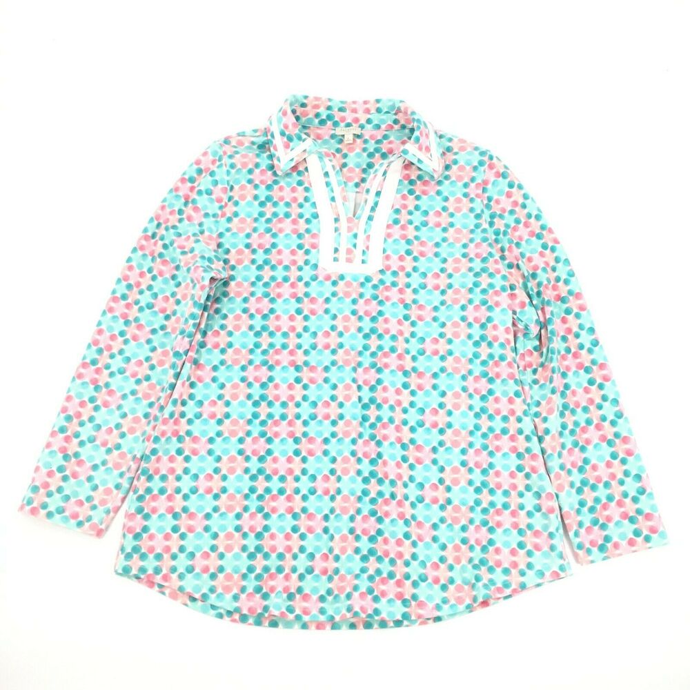 Talbots Floral Polka Dot Print Collared Long Sleeve Top Size Large Pink Blue L